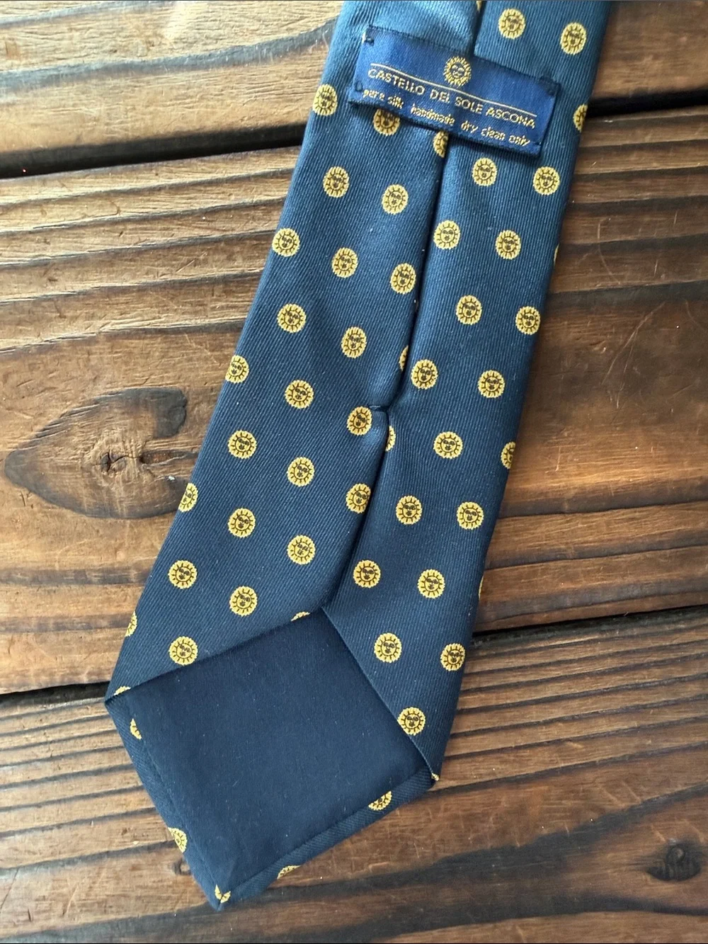 Men's Castello del Sole Boutique Silk Navy Tie with Yellow SunDot Pattern